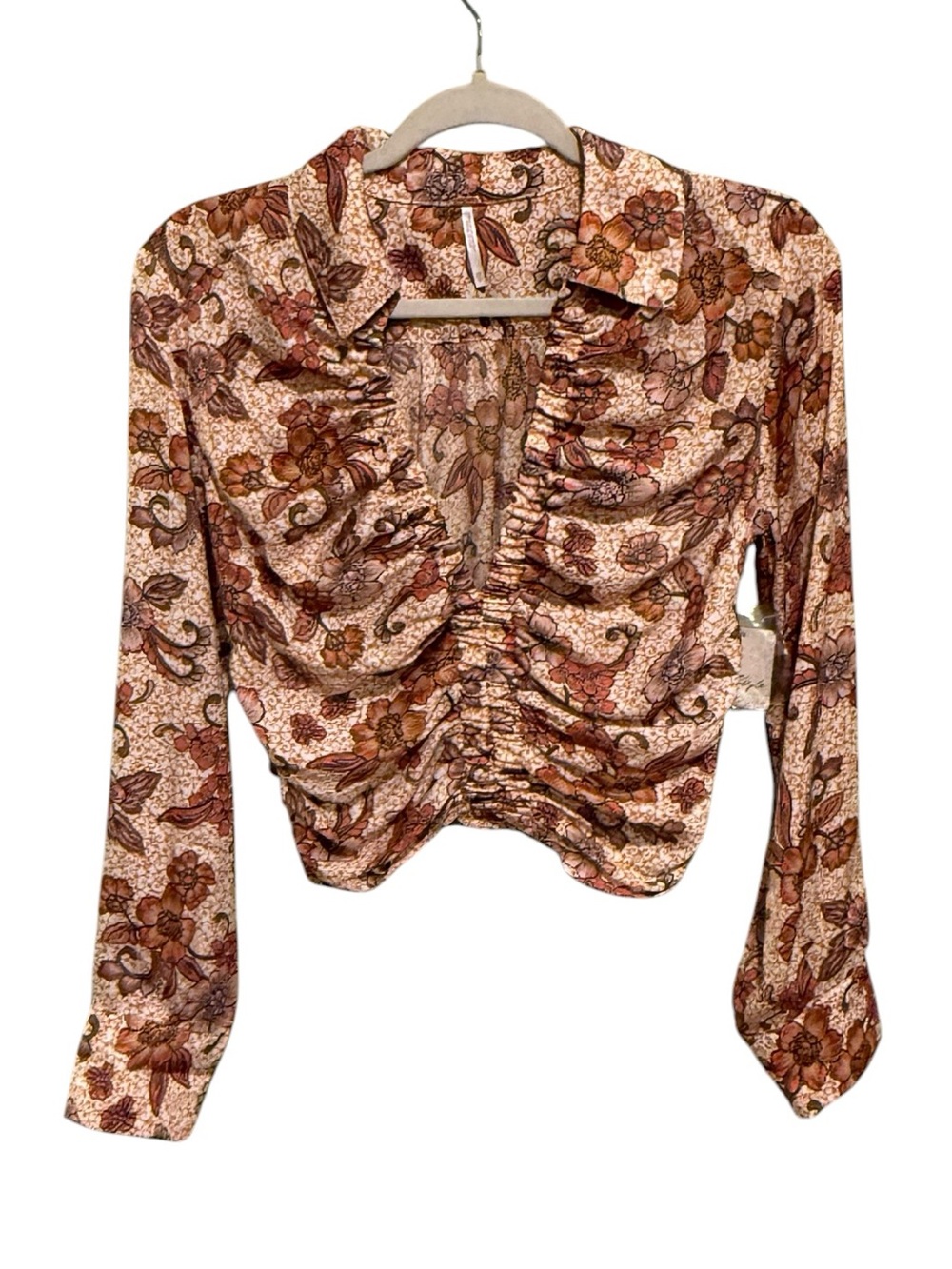 NWT Free People Brown Floral Ruched Collared Blouse - Size XS